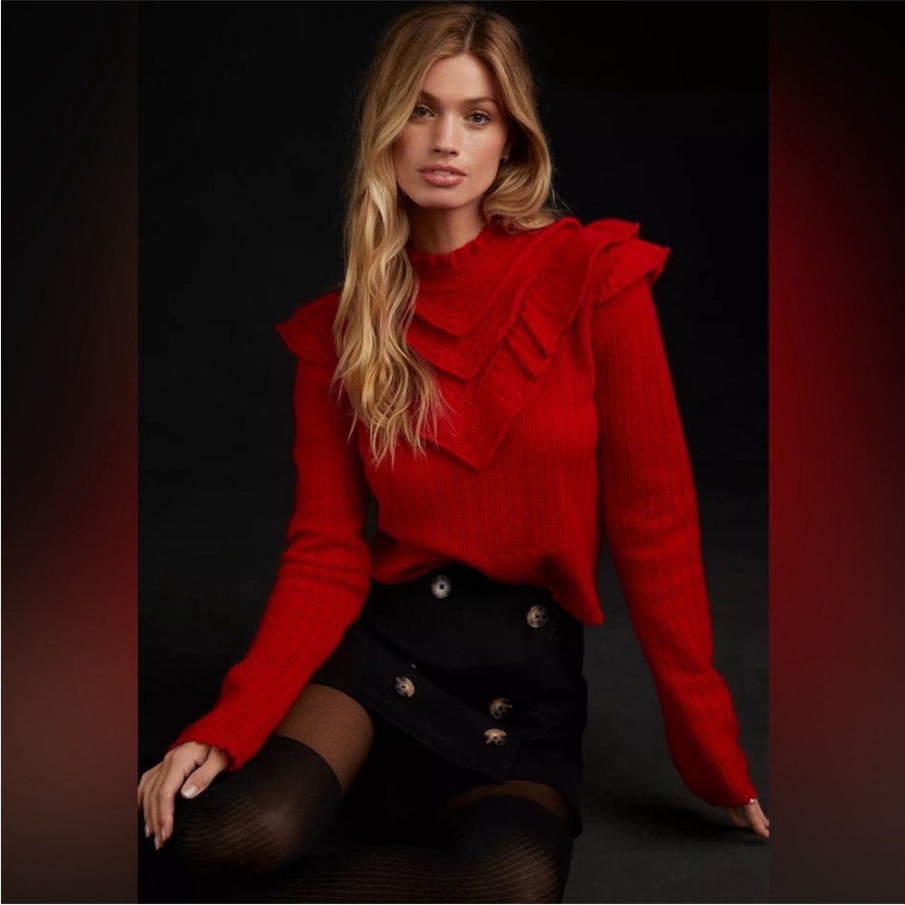 Anthropologie Pointelle Red Cashmere Sweater XL